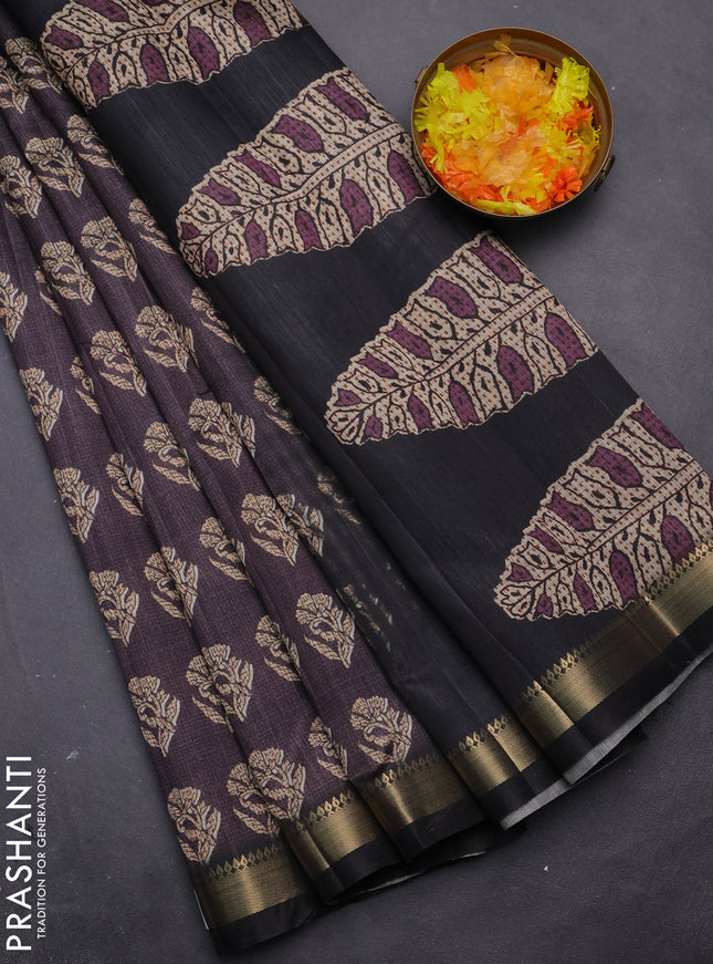 Semi tussar saree deep jamun and elephant grey with butta prints and zari woven border