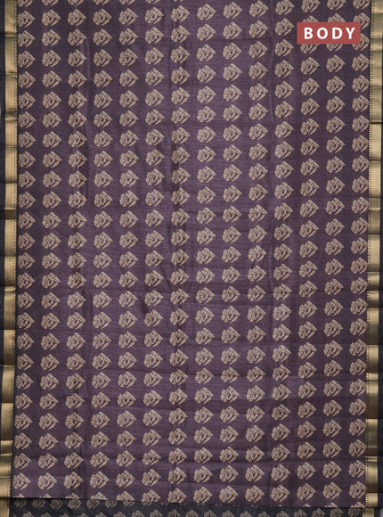 Semi tussar saree deep jamun and elephant grey with butta prints and zari woven border