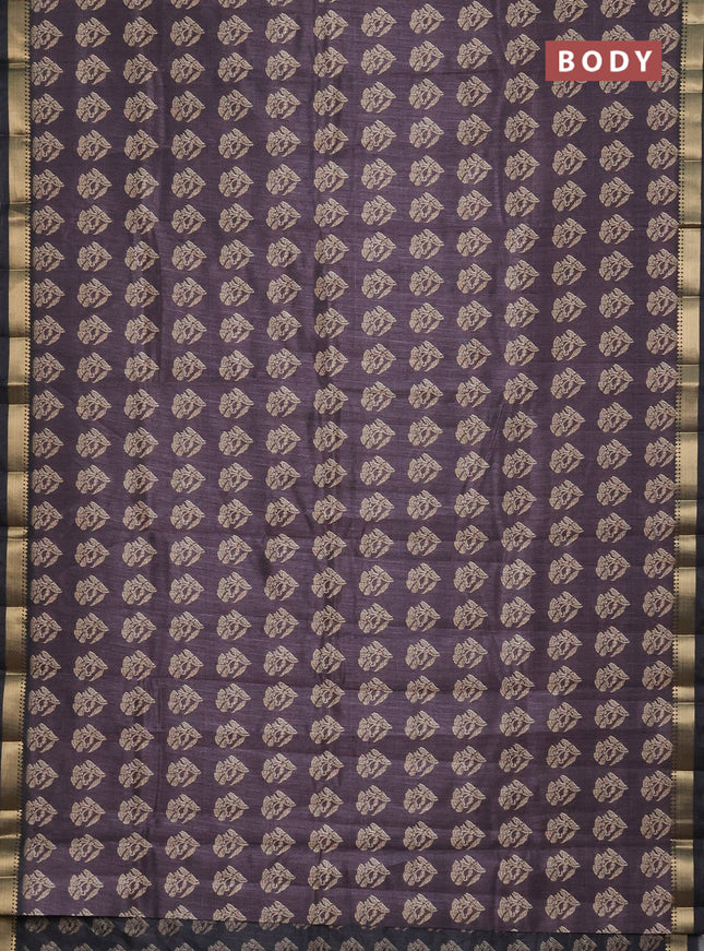 Semi tussar saree deep jamun and elephant grey with butta prints and zari woven border