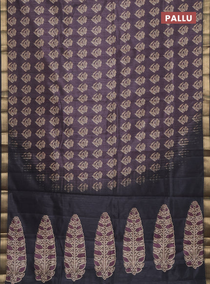 Semi tussar saree deep jamun and elephant grey with butta prints and zari woven border