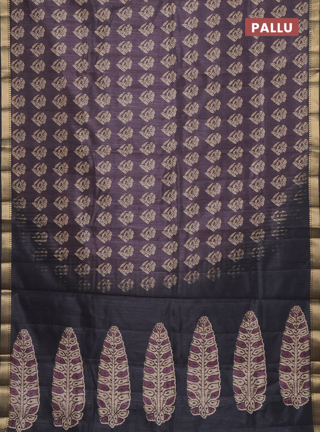 Semi tussar saree deep jamun and elephant grey with butta prints and zari woven border