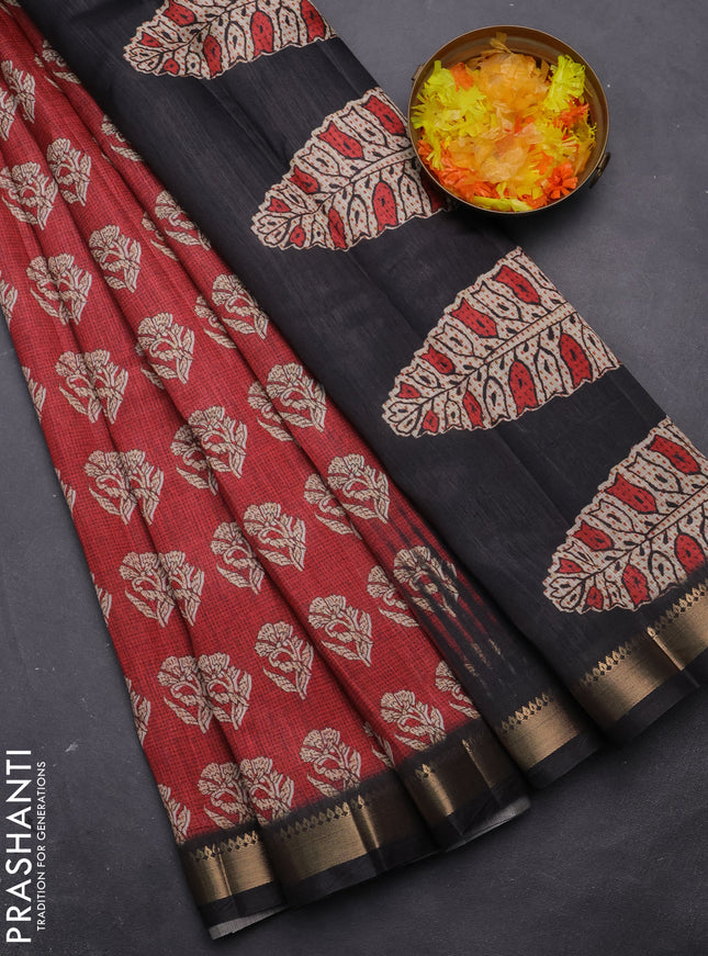 Semi tussar saree maroon and black with butta prints and zari woven border