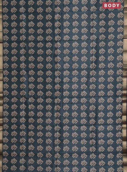 Semi tussar saree dark peacock green and black with butta prints and zari woven border