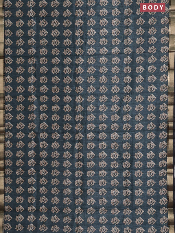 Semi tussar saree dark peacock green and black with butta prints and zari woven border