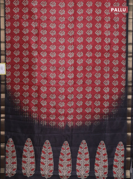 Semi tussar saree maroon and black with butta prints and zari woven border