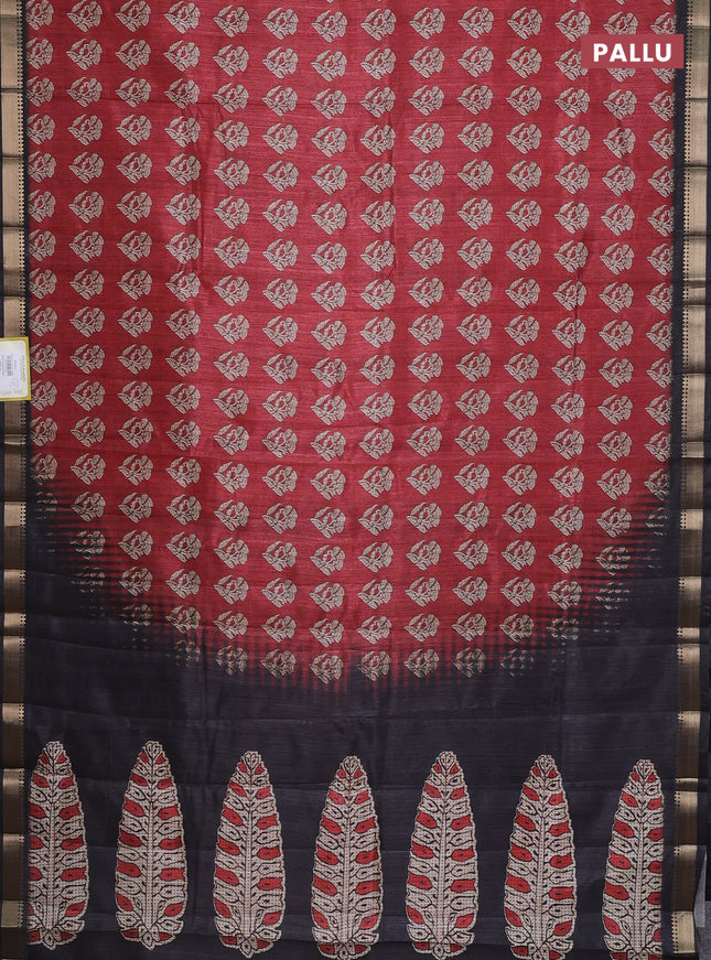 Semi tussar saree maroon and black with butta prints and zari woven border