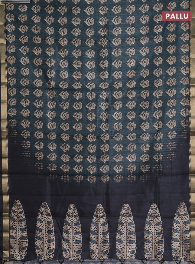 Semi tussar saree dark peacock green and black with butta prints and zari woven border