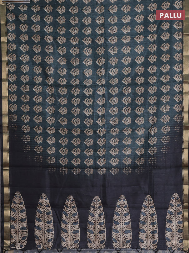 Semi tussar saree dark peacock green and black with butta prints and zari woven border