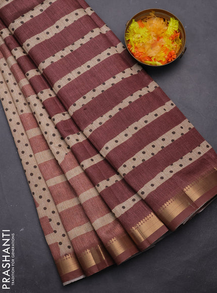 Semi tussar saree sandal and rust shade with allover prints and zari woven border