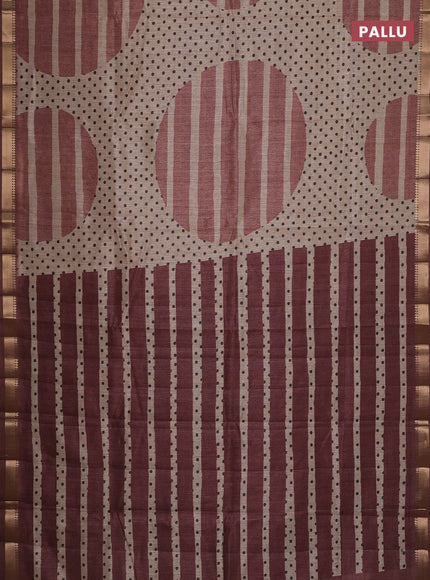 Semi tussar saree sandal and rust shade with allover prints and zari woven border