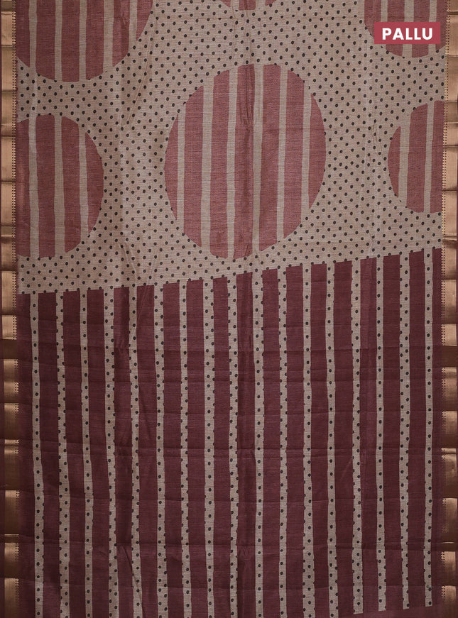Semi tussar saree sandal and rust shade with allover prints and zari woven border