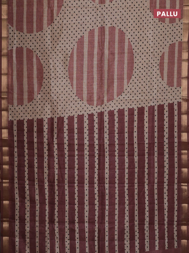 Semi tussar saree sandal and rust shade with allover prints and zari woven border