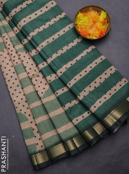 Semi tussar saree sandal and green with allover prints and zari woven border