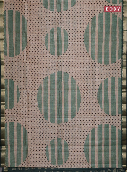 Semi tussar saree sandal and green with allover prints and zari woven border