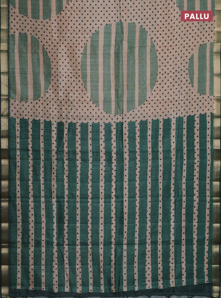 Semi tussar saree sandal and green with allover prints and zari woven border