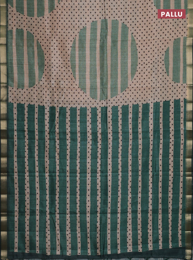 Semi tussar saree sandal and green with allover prints and zari woven border