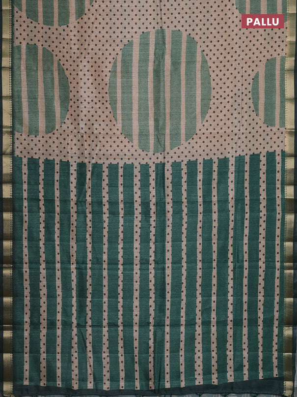 Semi tussar saree sandal and green with allover prints and zari woven border