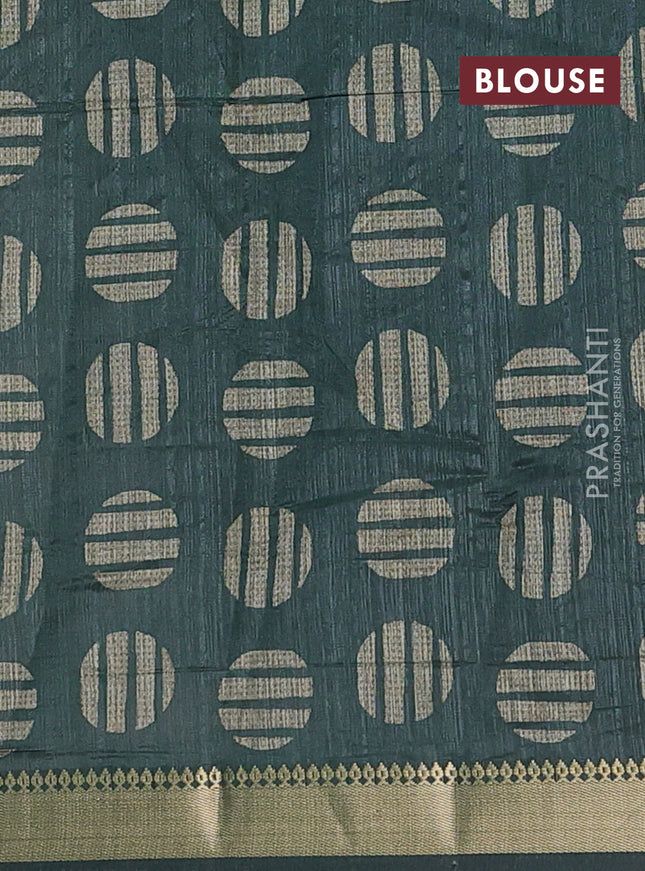 Semi tussar saree sandal and green with allover prints and zari woven border