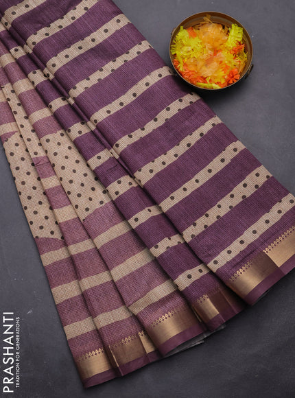 Semi tussar saree sandal and mauve pink with allover prints and zari woven border