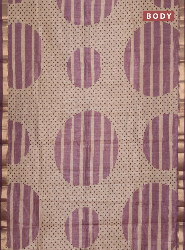 Semi tussar saree sandal and mauve pink with allover prints and zari woven border