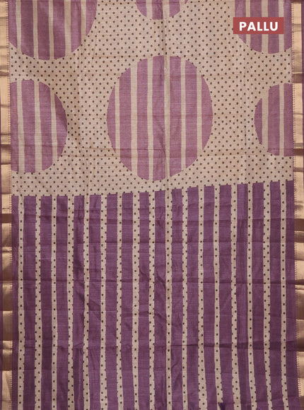 Semi tussar saree sandal and mauve pink with allover prints and zari woven border