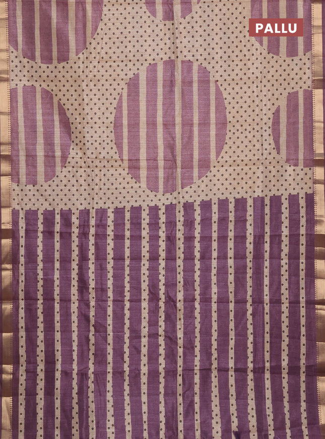 Semi tussar saree sandal and mauve pink with allover prints and zari woven border