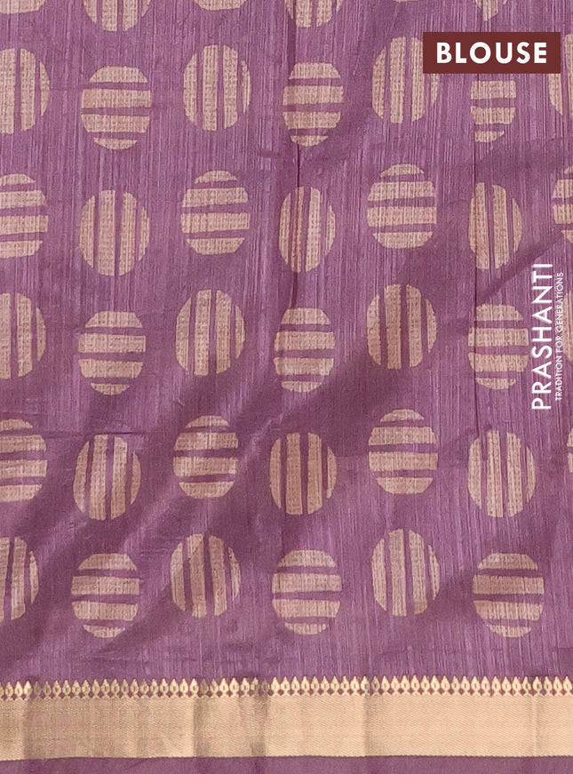 Semi tussar saree sandal and mauve pink with allover prints and zari woven border