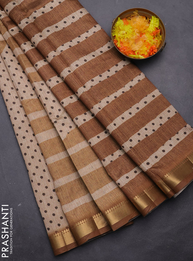 Semi tussar saree sandal and dark mustard with allover prints and zari woven border