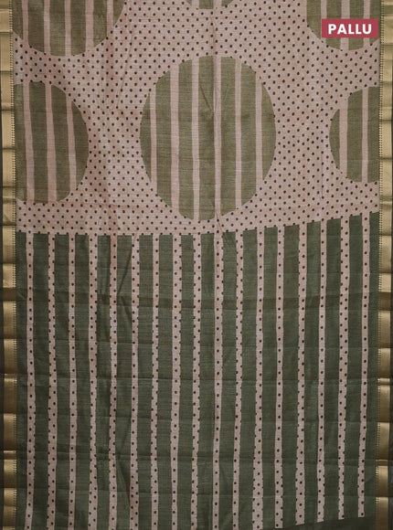 Semi tussar saree sandal and sap green with allover prints and zari woven border