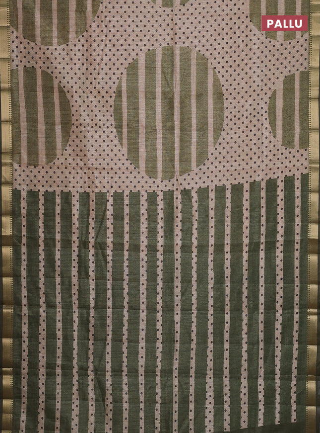 Semi tussar saree sandal and sap green with allover prints and zari woven border