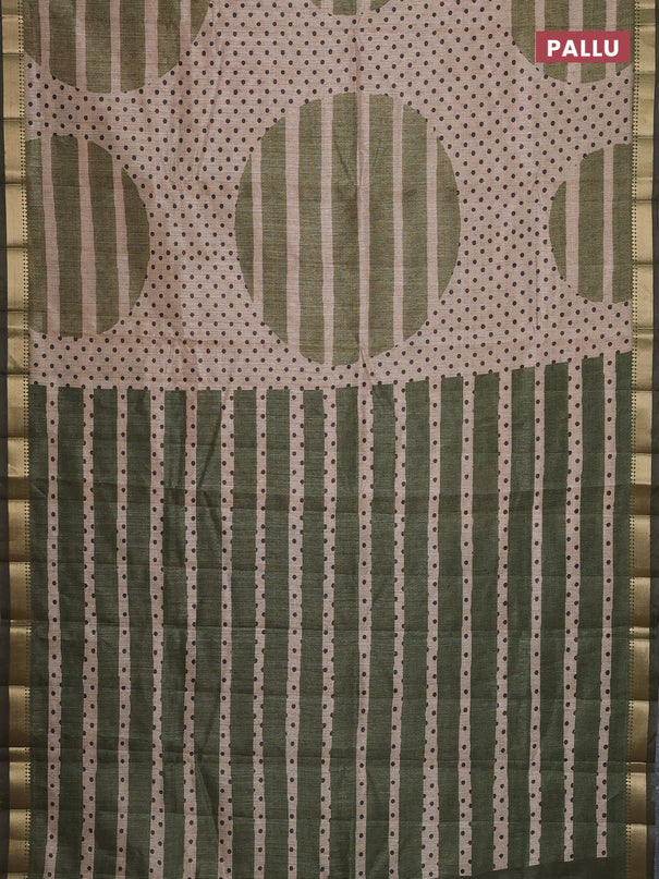 Semi tussar saree sandal and sap green with allover prints and zari woven border