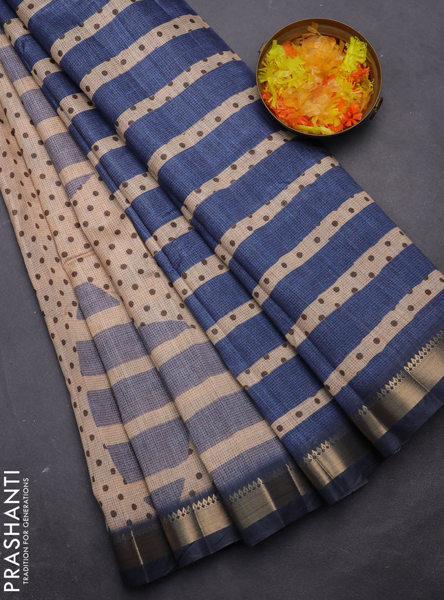 Semi tussar saree sandal and grey with allover prints and zari woven border