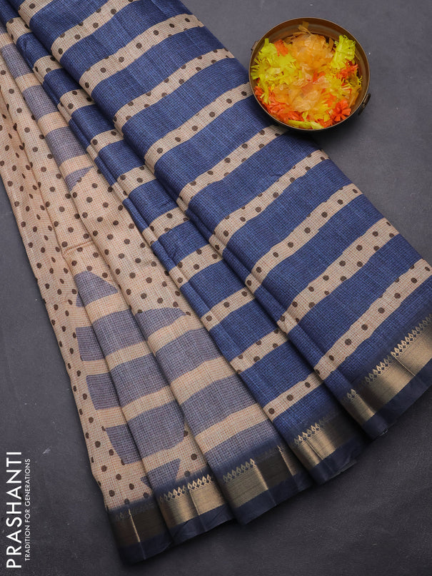 Semi tussar saree sandal and grey with allover prints and zari woven border