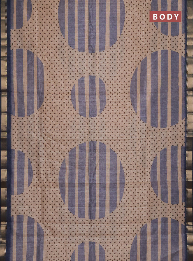 Semi tussar saree sandal and grey with allover prints and zari woven border