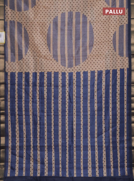 Semi tussar saree sandal and grey with allover prints and zari woven border