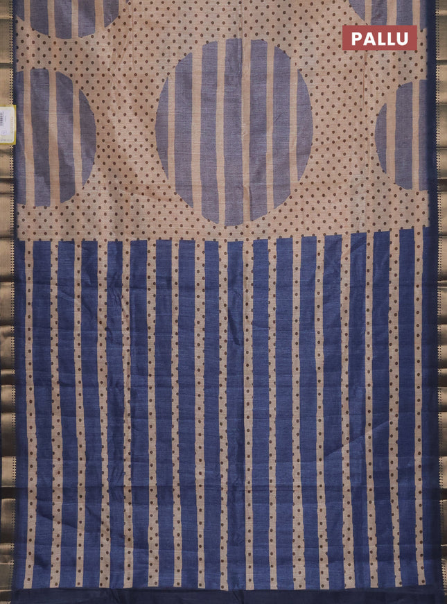 Semi tussar saree sandal and grey with allover prints and zari woven border