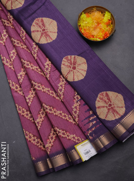 Semi tussar saree magenta pink and deep violet with stripes pattern and zari woven border