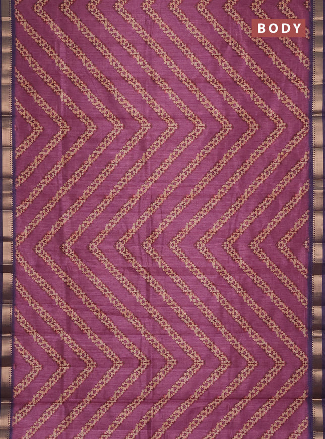 Semi tussar saree magenta pink and deep violet with stripes pattern and zari woven border