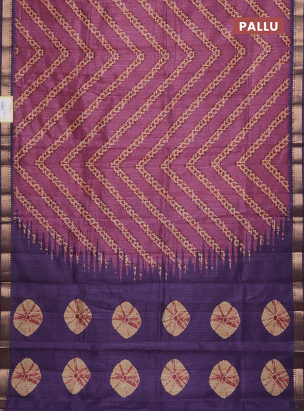Semi tussar saree magenta pink and deep violet with stripes pattern and zari woven border