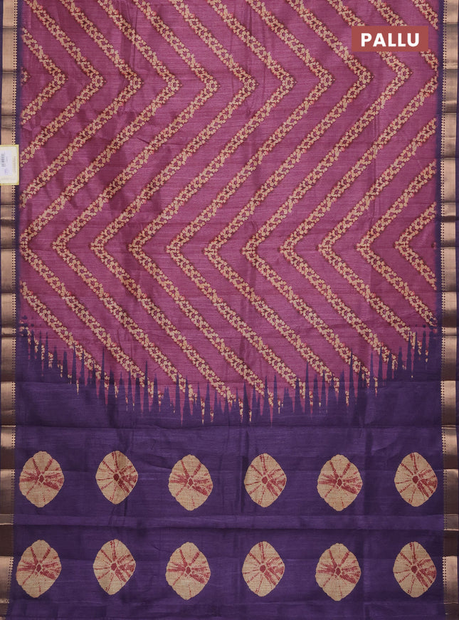 Semi tussar saree magenta pink and deep violet with stripes pattern and zari woven border