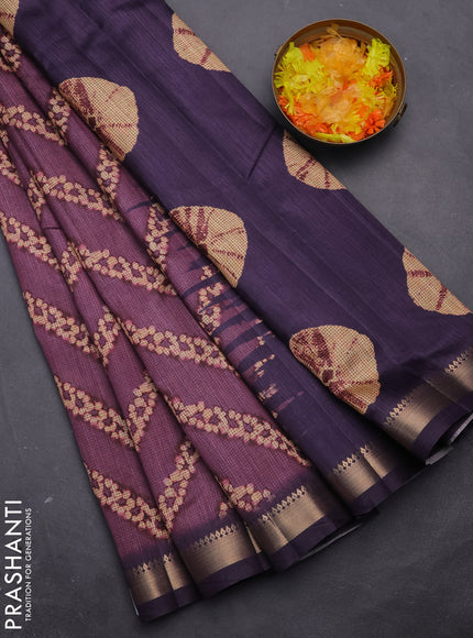 Semi tussar saree mauve pink and deep jamun with stripes pattern and zari woven border