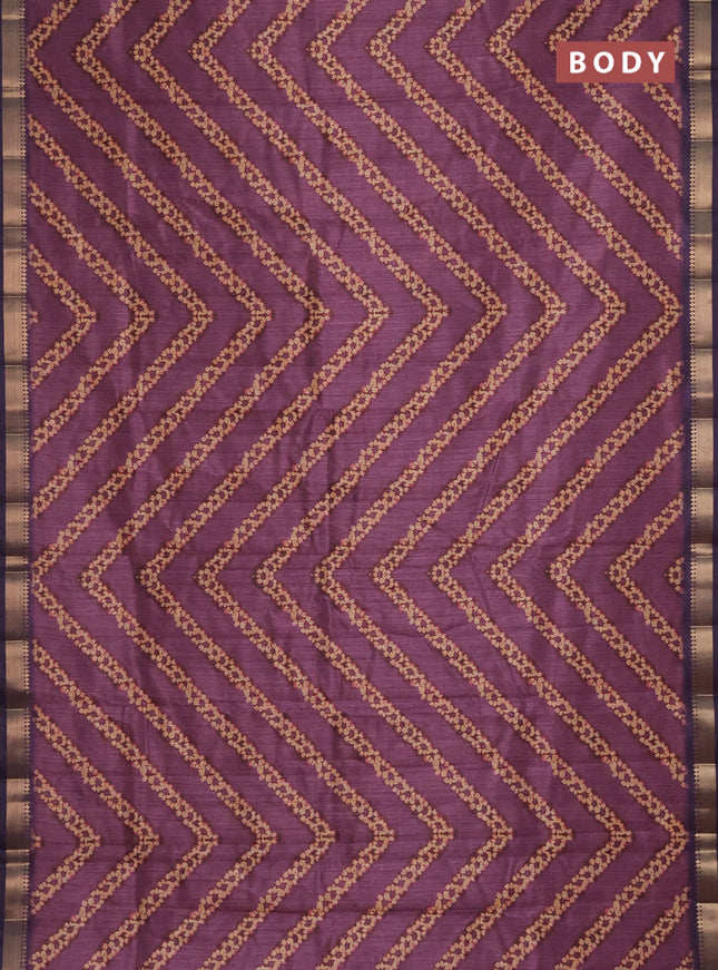 Semi tussar saree mauve pink and deep jamun with stripes pattern and zari woven border