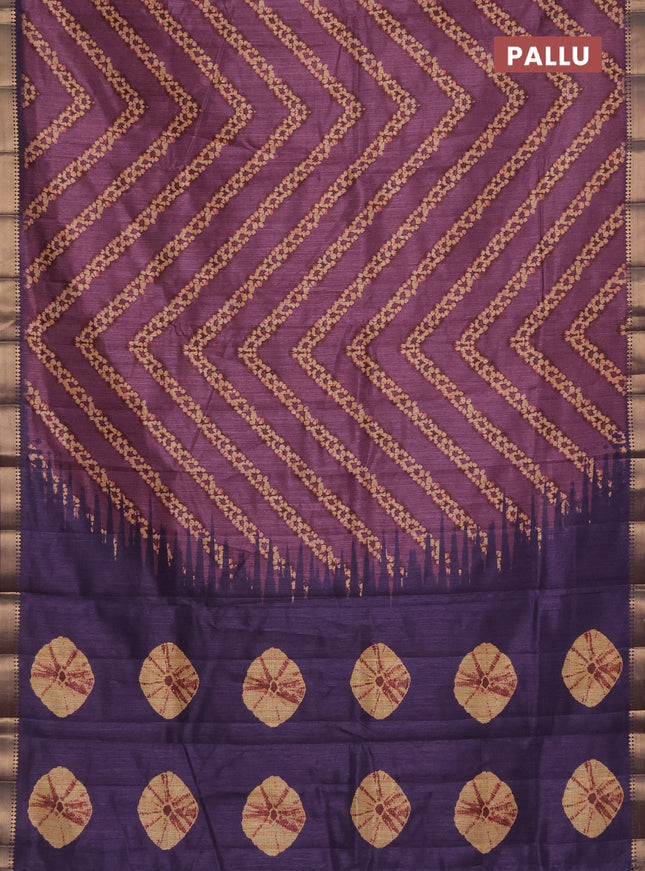 Semi tussar saree mauve pink and deep jamun with stripes pattern and zari woven border