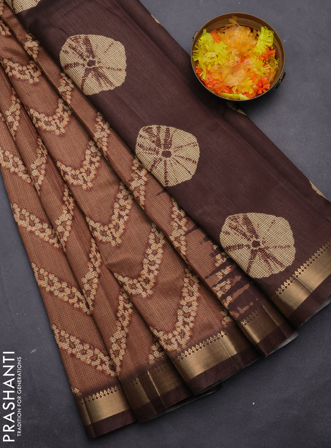 Semi tussar saree dark mustard and brown with stripes pattern and zari woven border