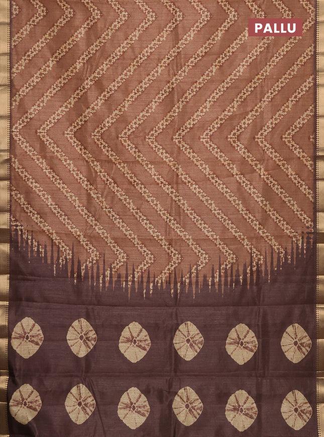 Semi tussar saree dark mustard and brown with stripes pattern and zari woven border