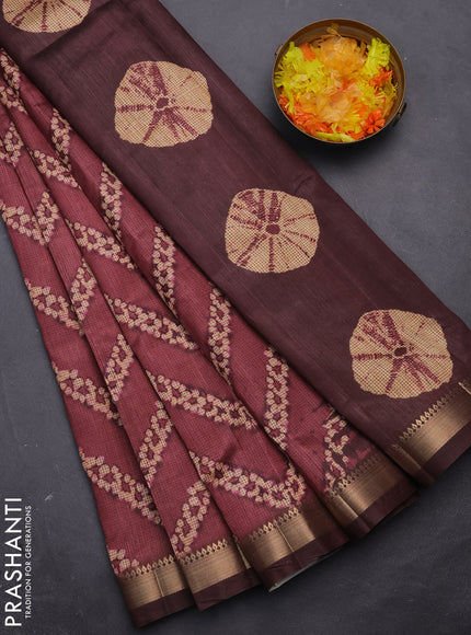 Semi tussar saree maroon and brown with stripes pattern and zari woven border