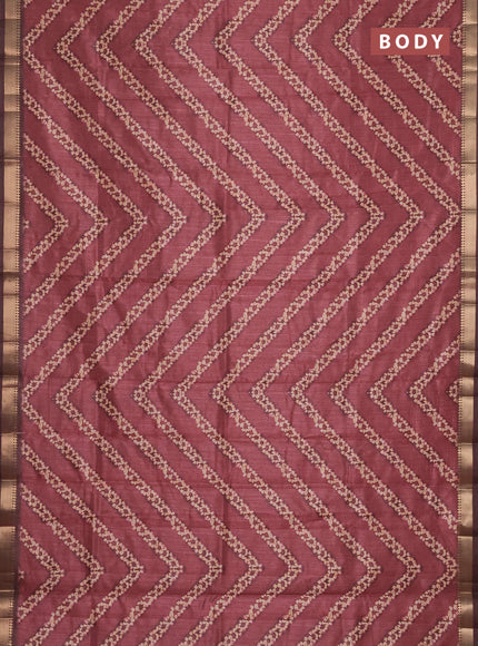 Semi tussar saree maroon and brown with stripes pattern and zari woven border