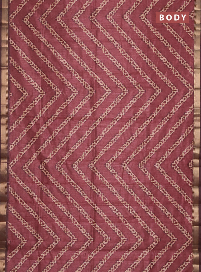 Semi tussar saree maroon and brown with stripes pattern and zari woven border