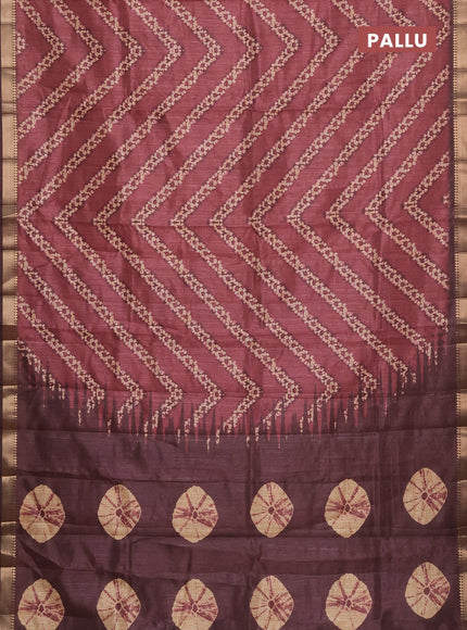 Semi tussar saree maroon and brown with stripes pattern and zari woven border
