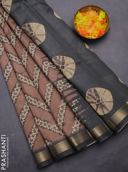 Semi tussar saree brown and sap green with stripes pattern and zari woven border